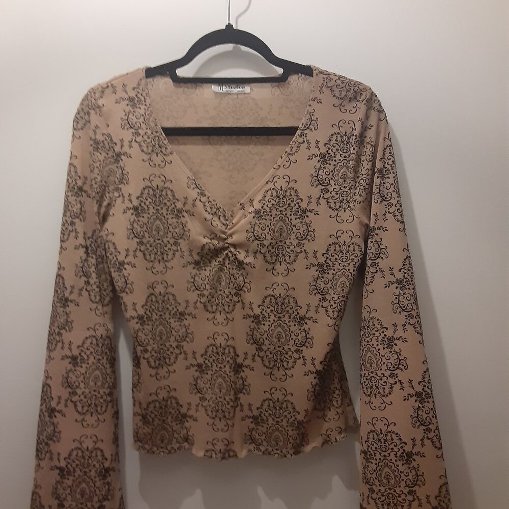 M Studio Flared Long Sleeved Top Beige with Black Damask Floral Design Medium